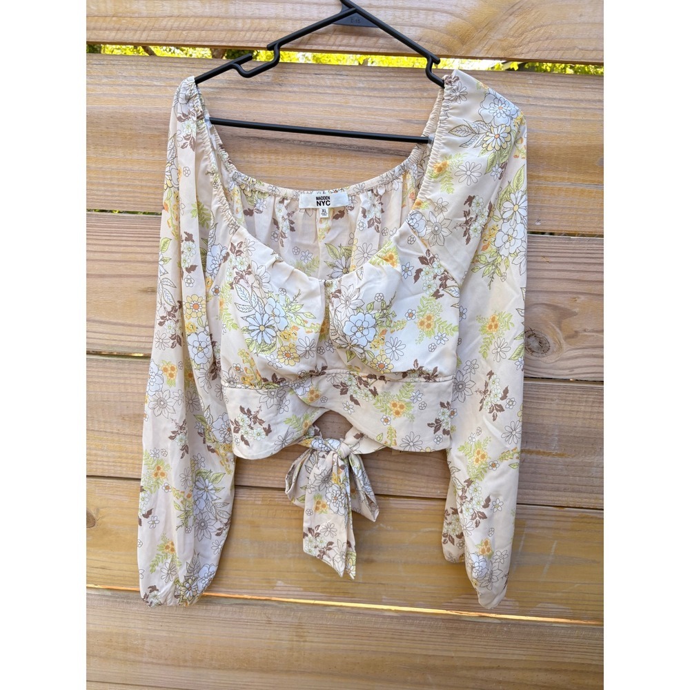 Madden NYC Floral Crop Top Long Sleeve Tie Back Sweetheart Cream XL NT011C516 - Picture 2 of 8